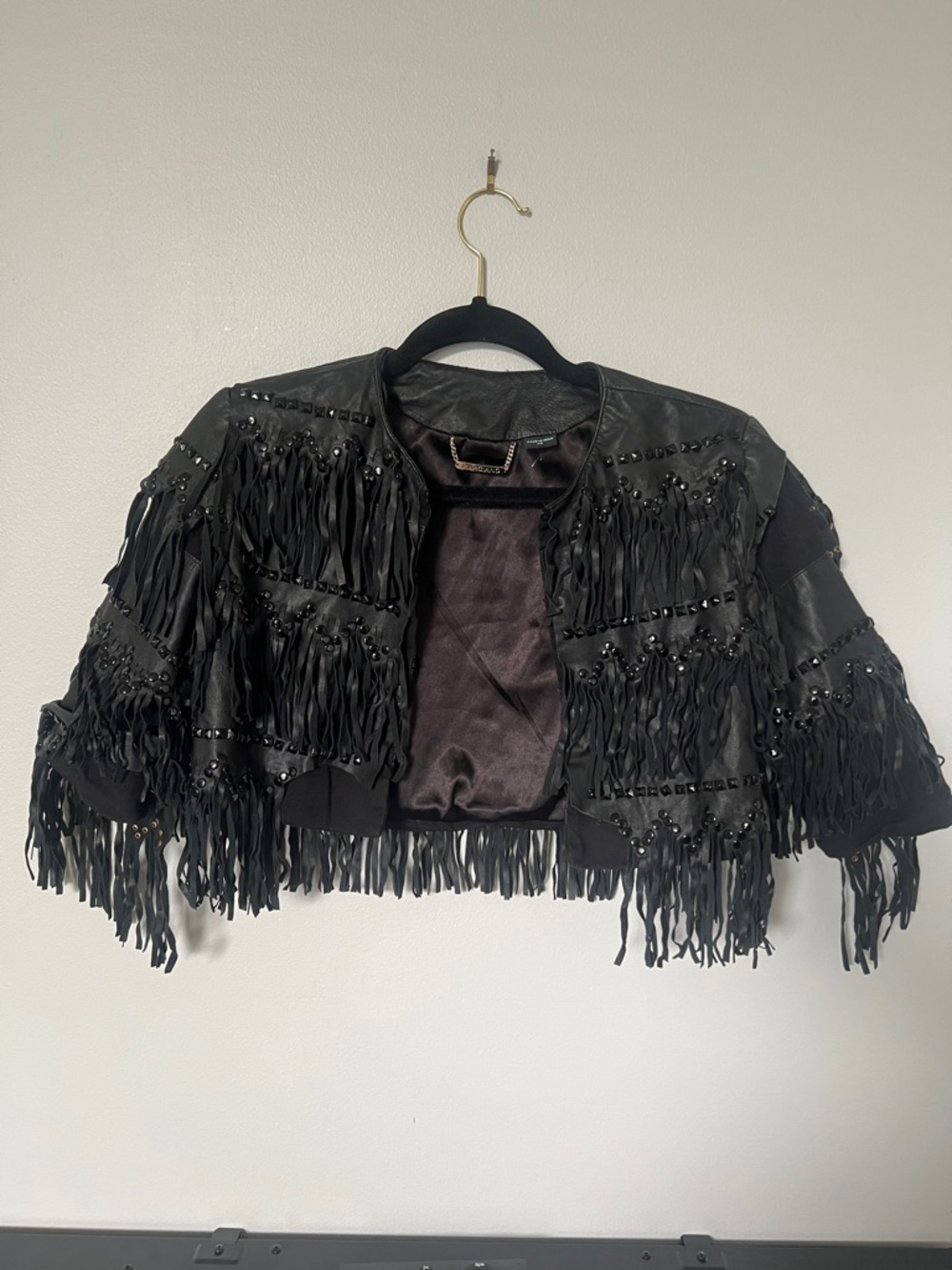 Guess by Marciano Black Fringe Beaded Leather Jacket